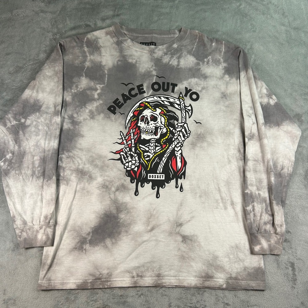 Boxset Mens Large Grey Tie Dye Grim Reaper Peace Out Yo Long Sleeve Graphic Tee